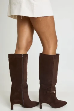 Bottes Hautes Au Genou À Talon Bas Colonne En Synthétique Avec Détail Boucle Coupe Large