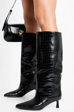 boohoo Bottes Hautes Colonne À Petit Talon Aiguille Effet Croco< Bottes|Bottes Hautes