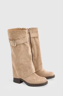 boohoo Bottes Hautes À Coupe Large Avec Détail Boucle Et Revers Au-dessus Du Genou< Bottes|Bottes Hautes