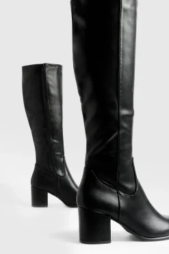 boohoo Bottes hautes à enfiler à talon bloc bas<Femme Bottes|Bottes Noires