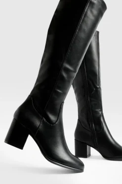 boohoo Bottes hautes à enfiler à talon bloc bas<Femme Bottes|Bottes Noires
