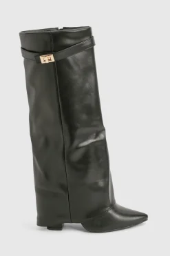 Bottes hautes jusqu'au genou avec détail de boucle et talon bloc repliable.