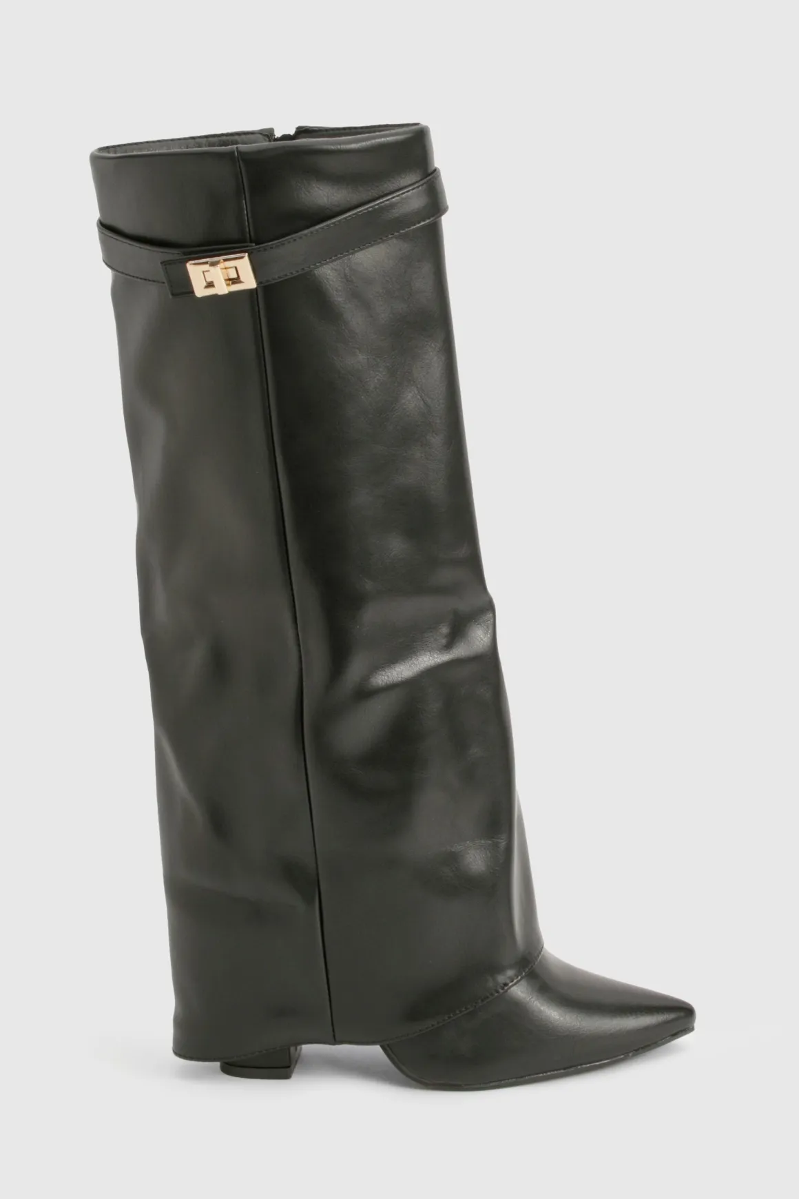 Bottes hautes jusqu'au genou avec détail de boucle et talon bloc repliable.