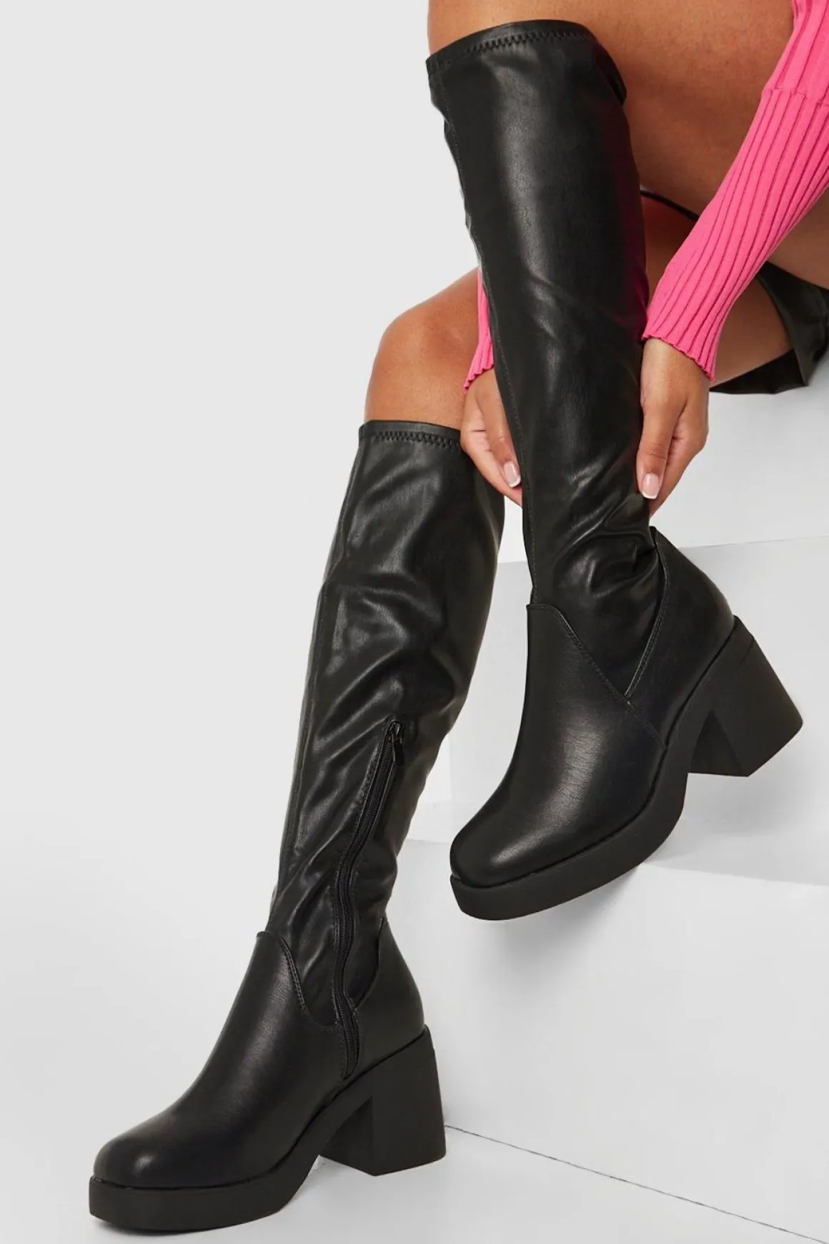 Bottes Hautes Mollet Coupe Large Extensibles À Talon Bloc