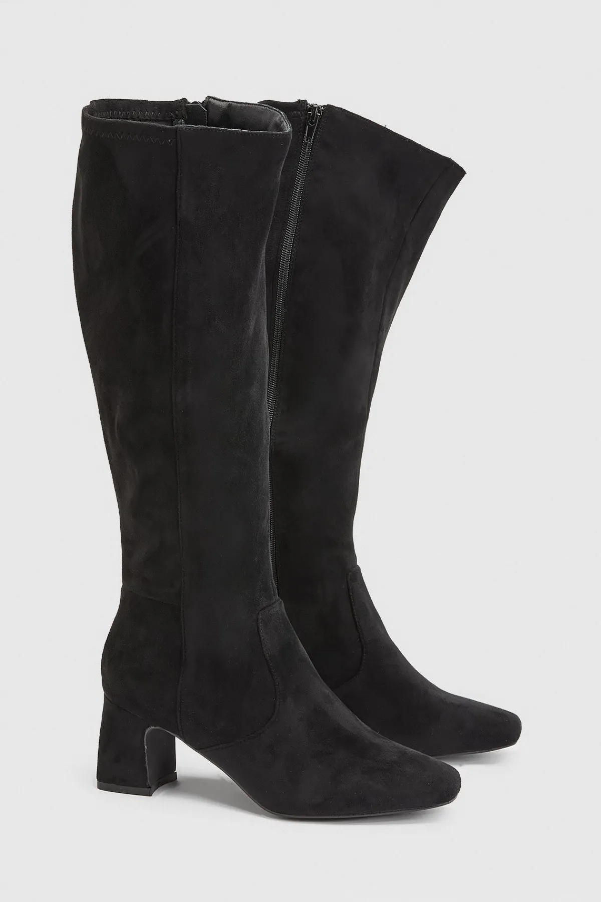 boohoo Bottes Hautes Stretch À Talon Bloc Bas En Synthétique< Bottes|Bottes En Daim