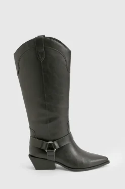 Bottes Hautes Style Western avec Détail Harnais - Coupe Large