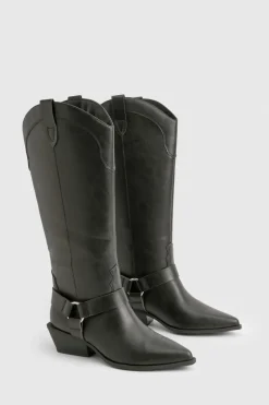 Bottes Hautes Style Western avec Détail Harnais - Coupe Large