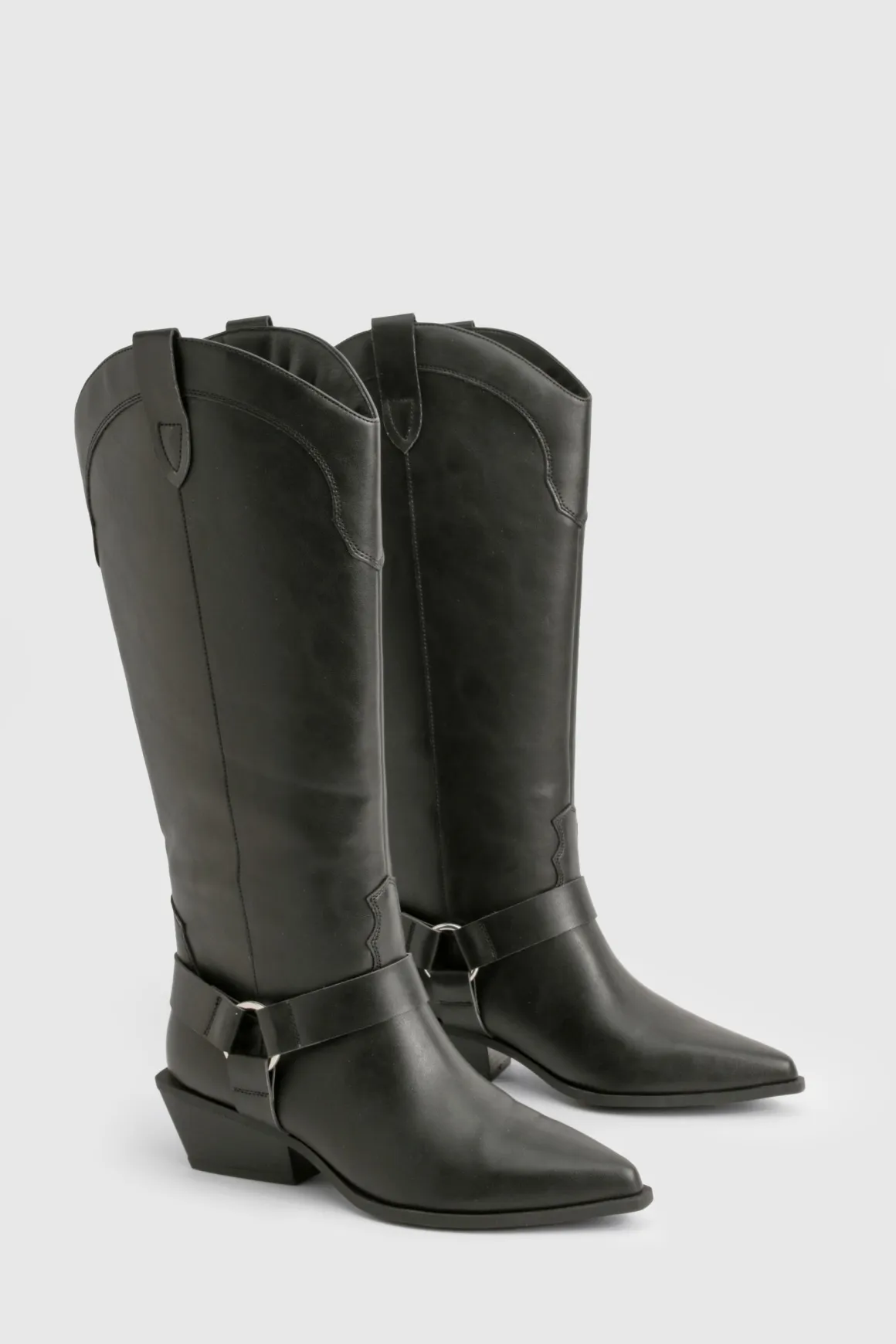 Bottes Hautes Style Western avec Détail Harnais - Coupe Large