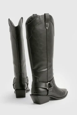 Bottes Hautes Style Western avec Détail Harnais - Coupe Large