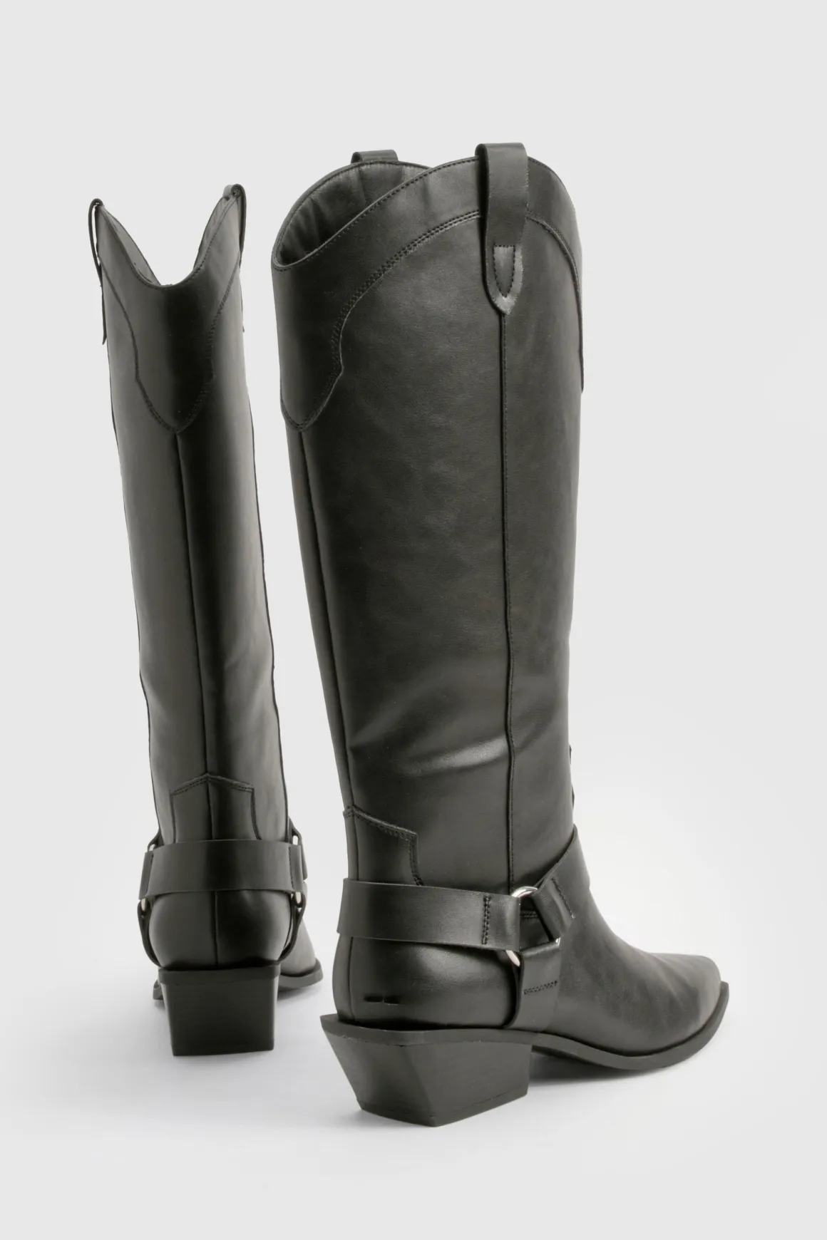 Bottes Hautes Style Western avec Détail Harnais - Coupe Large