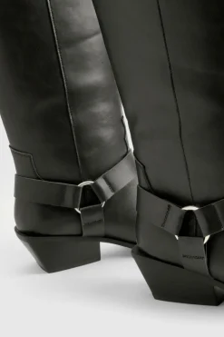 Bottes Hautes Style Western avec Détail Harnais - Coupe Large