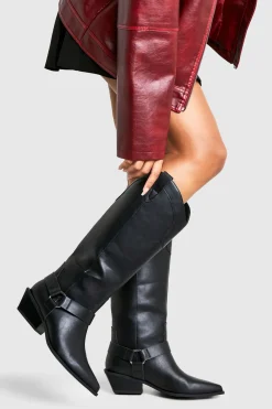 Bottes Hautes Style Western avec Détail Harnais - Coupe Large