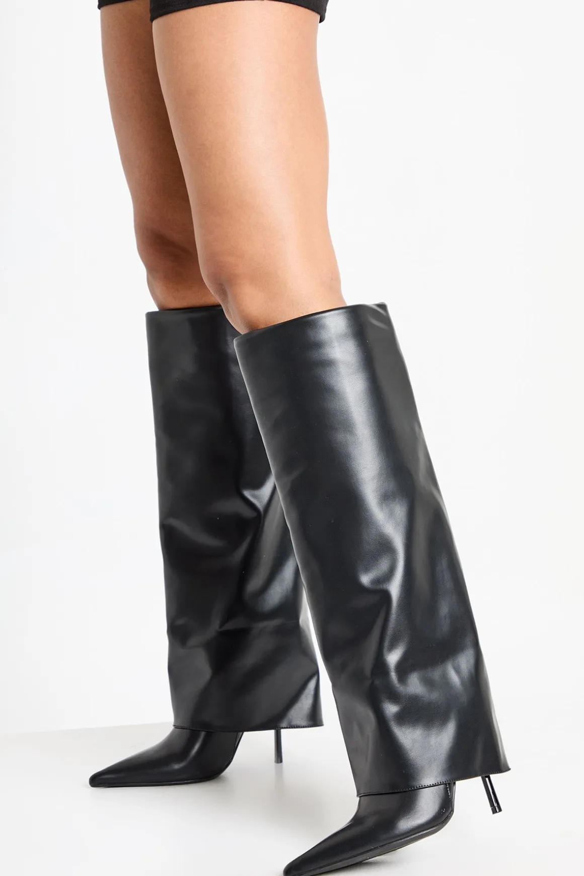 Bottes Hautes à Talon Aiguille Bout Pointu avec Revers