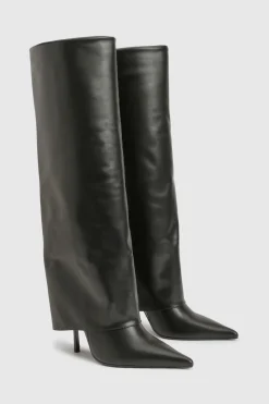 Bottes Hautes à Talon Aiguille Bout Pointu avec Revers