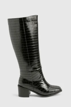 boohoo Bottes Hautes À Talon Bloc Effet Croco Coupe Large< Bottes|Bottes Hautes