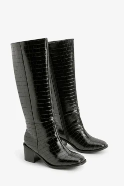boohoo Bottes Hautes À Talon Bloc Effet Croco Coupe Large< Bottes|Bottes Hautes