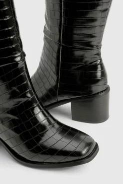 boohoo Bottes Hautes À Talon Bloc Effet Croco Coupe Large< Bottes|Bottes Hautes