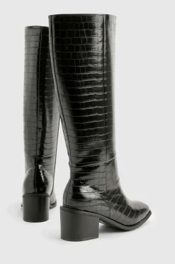 boohoo Bottes Hautes À Talon Bloc Effet Croco Coupe Large< Bottes|Bottes Hautes
