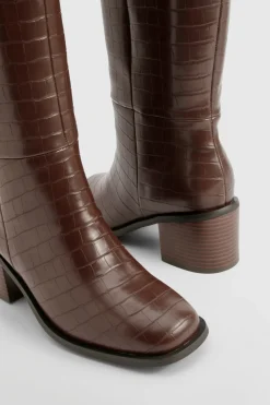 boohoo Bottes Hautes À Talon Bloc Effet Croco Coupe Large< Bottes|Bottes Hautes