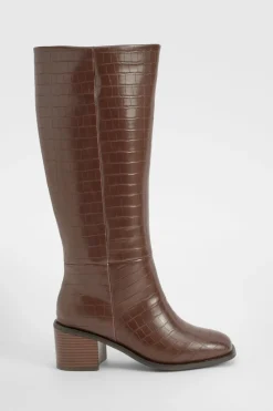 boohoo Bottes Hautes À Talon Bloc Effet Croco Coupe Large< Bottes|Bottes Hautes