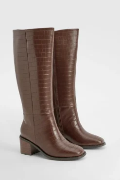 boohoo Bottes Hautes À Talon Bloc Effet Croco Coupe Large< Bottes|Bottes Hautes
