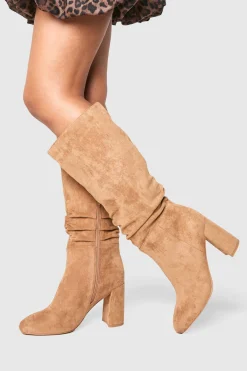 boohoo Bottes hautes à talon bloc et froncées, montant au-dessus du genou< Bottes|Bottes En Daim