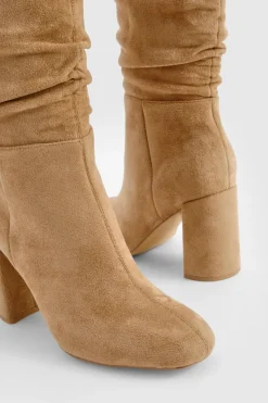 boohoo Bottes hautes à talon bloc et froncées, montant au-dessus du genou< Bottes|Bottes En Daim