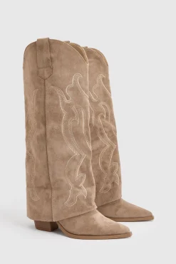 boohoo Bottes Hautes Western Cowboy En Synthétique Avec Revers< Tons Neutres|Bottes