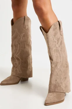 boohoo Bottes Hautes Western Cowboy En Synthétique Avec Revers< Tons Neutres|Bottes