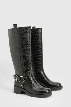 Bottes mi-hautes à orteil carré massif avec détails de harnais