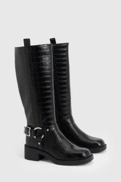 Bottes mi-hautes à orteil carré massif avec détails de harnais