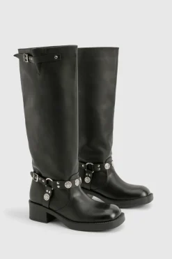 boohoo Bottes mi-mollets de style western à large coupe avec détails de boucle< Bottes|Bottes Hautes