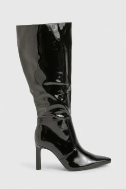Bottes montantes en vernis à talon aiguille pour pieds larges à bout pointu