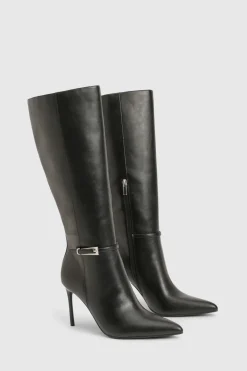 boohoo Bottes montantes à genou à talon aiguille avec détail de boucle et bout pointu< Bottes|Bottes Hautes