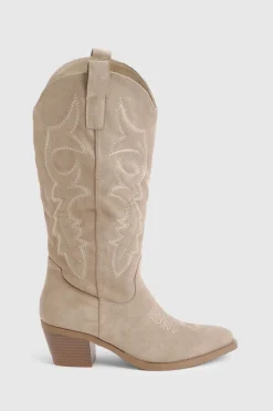 Bottes montantes western brodées en suède synthétique