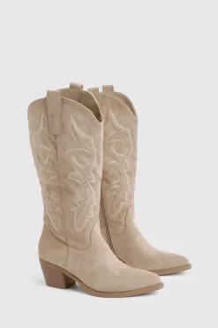 Bottes montantes western brodées en suède synthétique