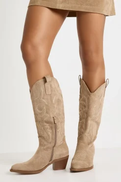 Bottes montantes western brodées en suède synthétique