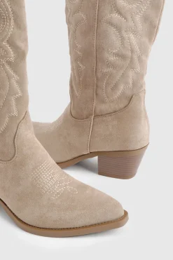 Bottes montantes western brodées en suède synthétique