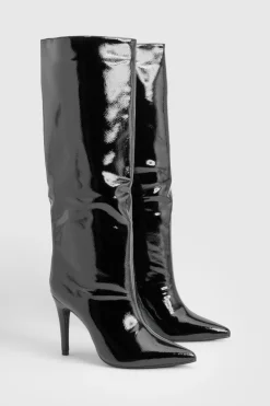 boohoo Bottes stilettos vernies texturées hautes jusqu'aux genoux< Bottes|Bottes Hautes