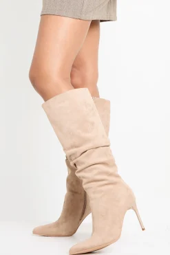 Bottes à talon aiguille à bout pointu froncées en Faux Suede