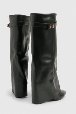 boohoo Bottes à talon aiguille montantes rabattables en coupe large< Bottes|Bottes Hautes