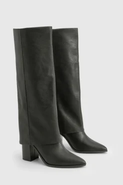 boohoo Bottes texturées jusqu'aux genoux à talon empilé rabattable< Bottes|Bottes Hautes