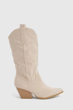 Bottes western brodées en suède synthétique montant jusqu'au mollet