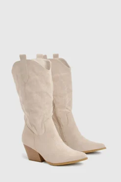 Bottes western brodées en suède synthétique montant jusqu'au mollet