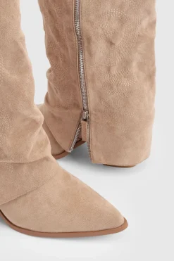 Bottes Western Hautes À Détail Zip Et Revers Pliable