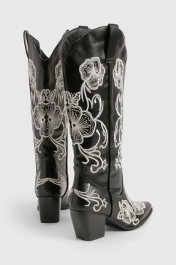Bottes western hautes jusqu'aux genoux à broderie contrastée