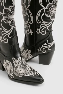 Bottes western hautes jusqu'aux genoux à broderie contrastée