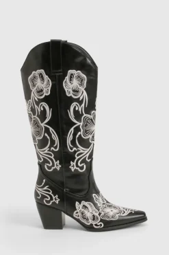 Bottes western hautes jusqu'aux genoux à broderie contrastée