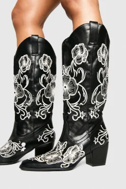 Bottes western hautes jusqu'aux genoux à broderie contrastée