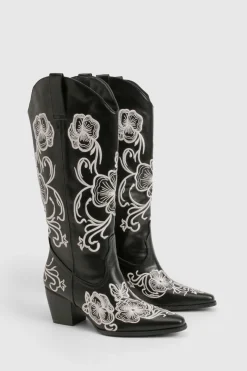 Bottes western hautes jusqu'aux genoux à broderie contrastée